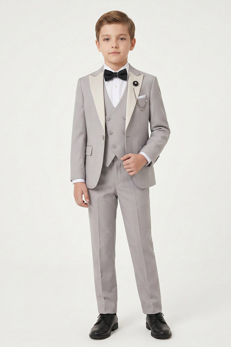 Boys Grey Tuxedo with Ivory Lapels 3-Piece Suit for Weddings & Formal Events