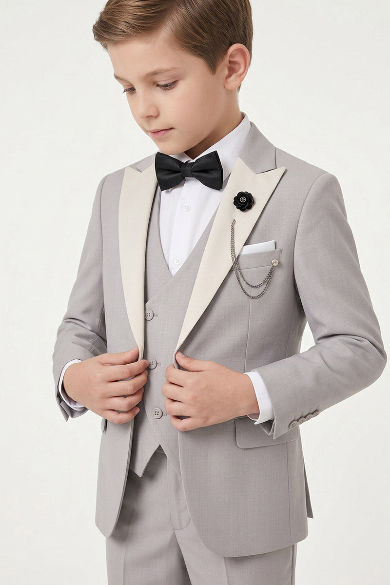 Boys Grey Tuxedo with Ivory Lapels 3-Piece Suit for Weddings & Formal Events