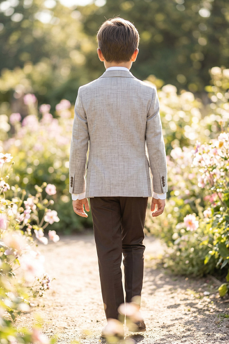Boys Beige Double-Breasted Blazer with Brown Trousers 2-Piece Suit