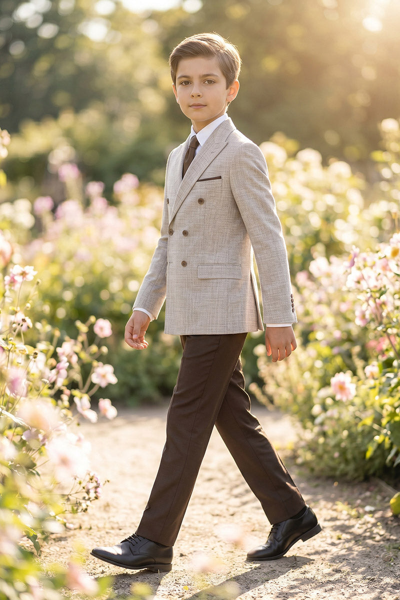 Boys Beige Double-Breasted Blazer with Brown Trousers 2-Piece Suit