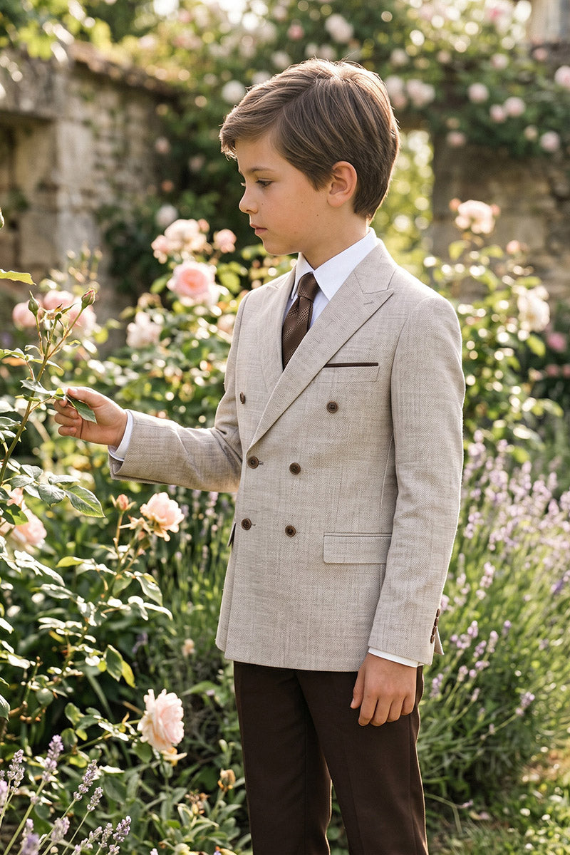 Boys Beige Double-Breasted Blazer with Brown Trousers 2-Piece Suit