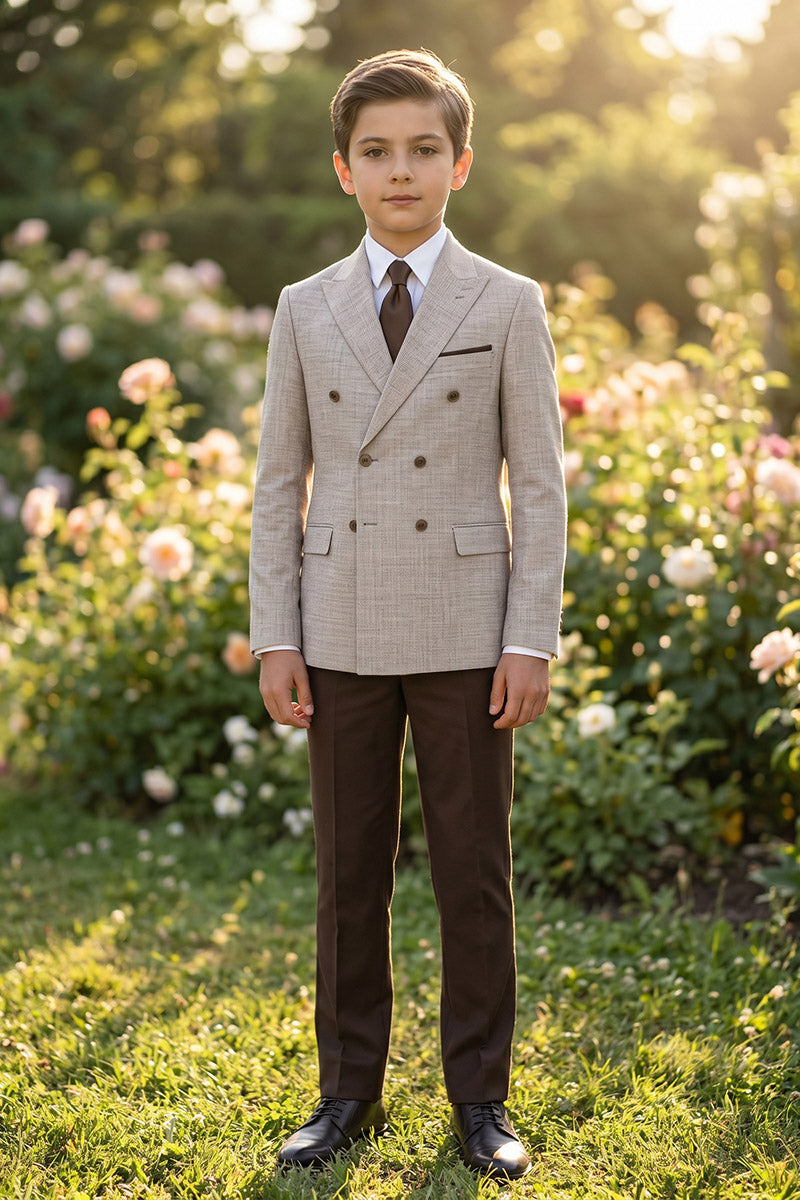 Boys Beige Double-Breasted Blazer with Brown Trousers 2-Piece Suit
