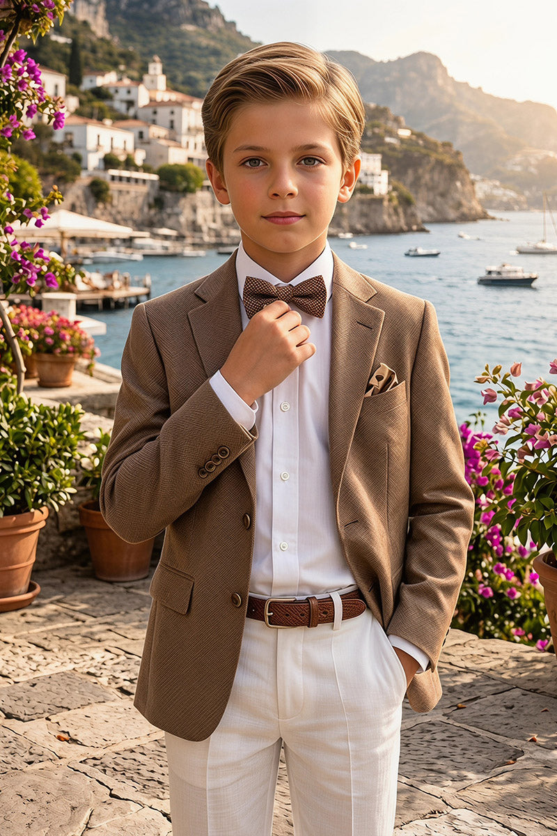 Boys Brown Linen-Blend Blazer with White Trousers 2-Piece Suit