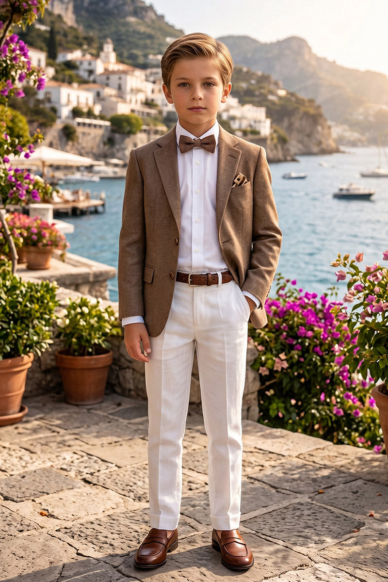 Boys Brown Linen-Blend Blazer with White Trousers 2-Piece Suit