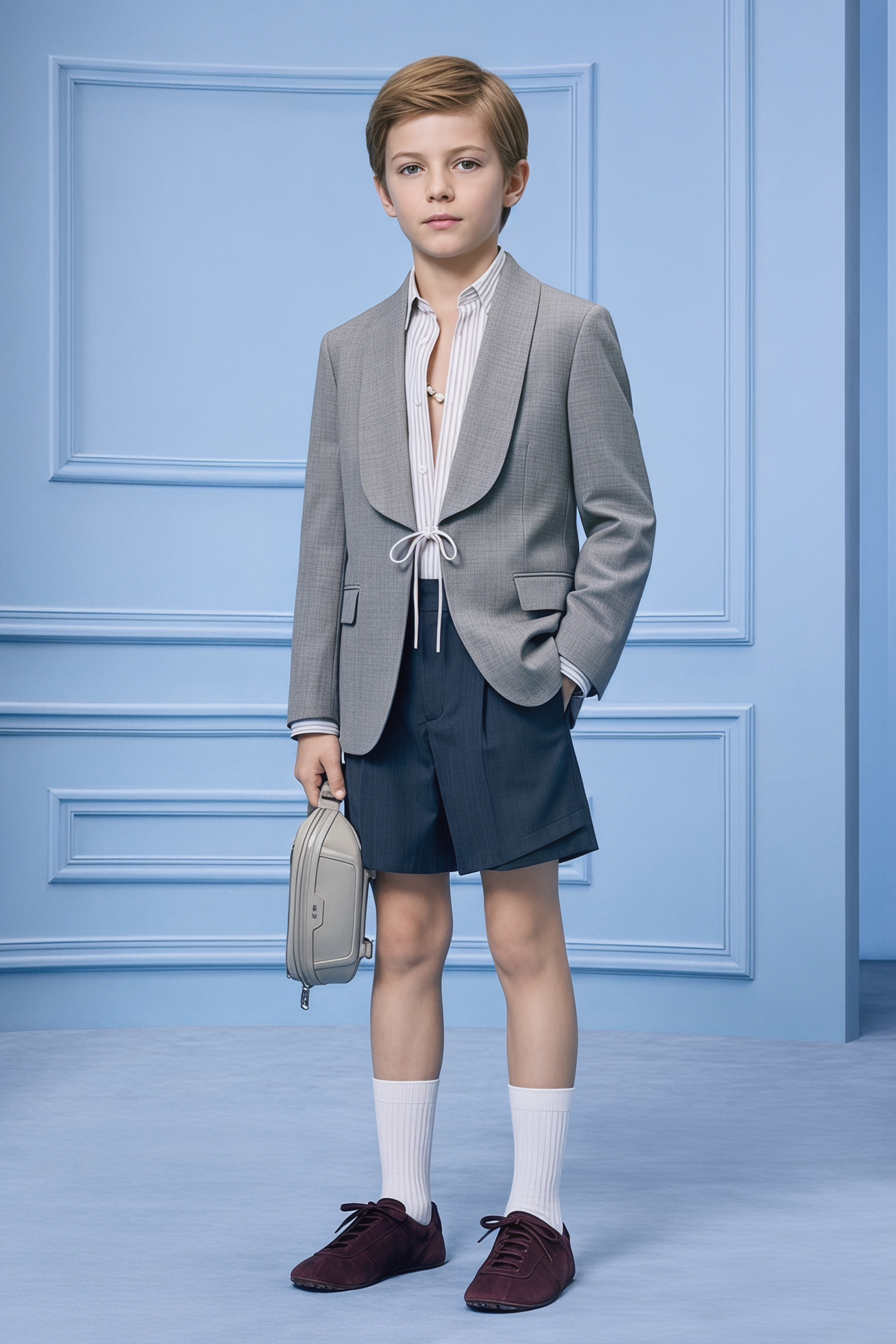 Gray and Navy Blue Cotton Linen Short 2-Piece Suit