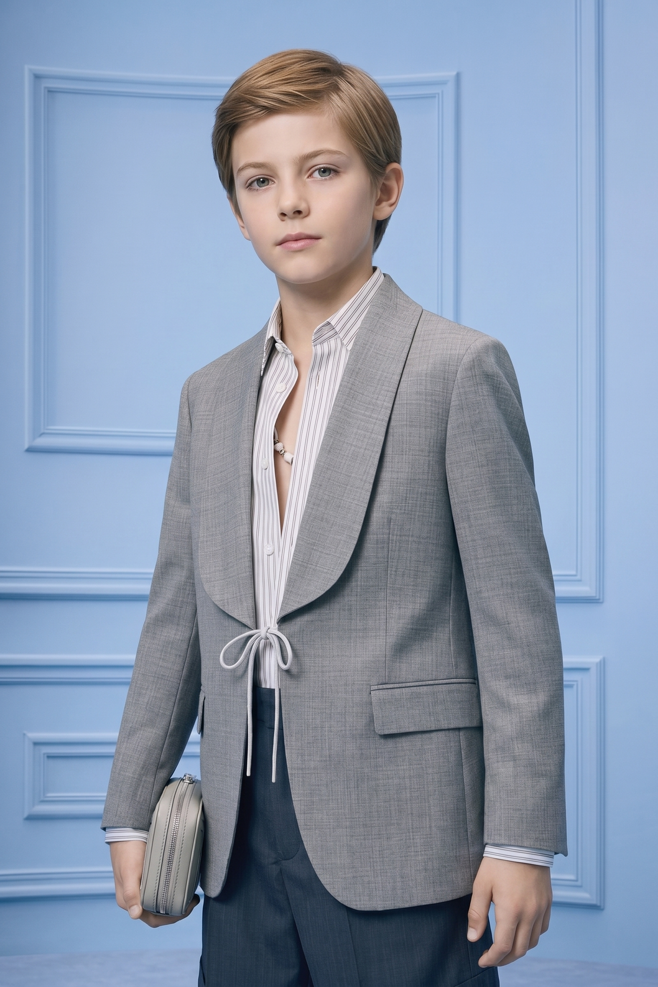 Gray and Navy Blue Cotton Linen Short 2-Piece Suit