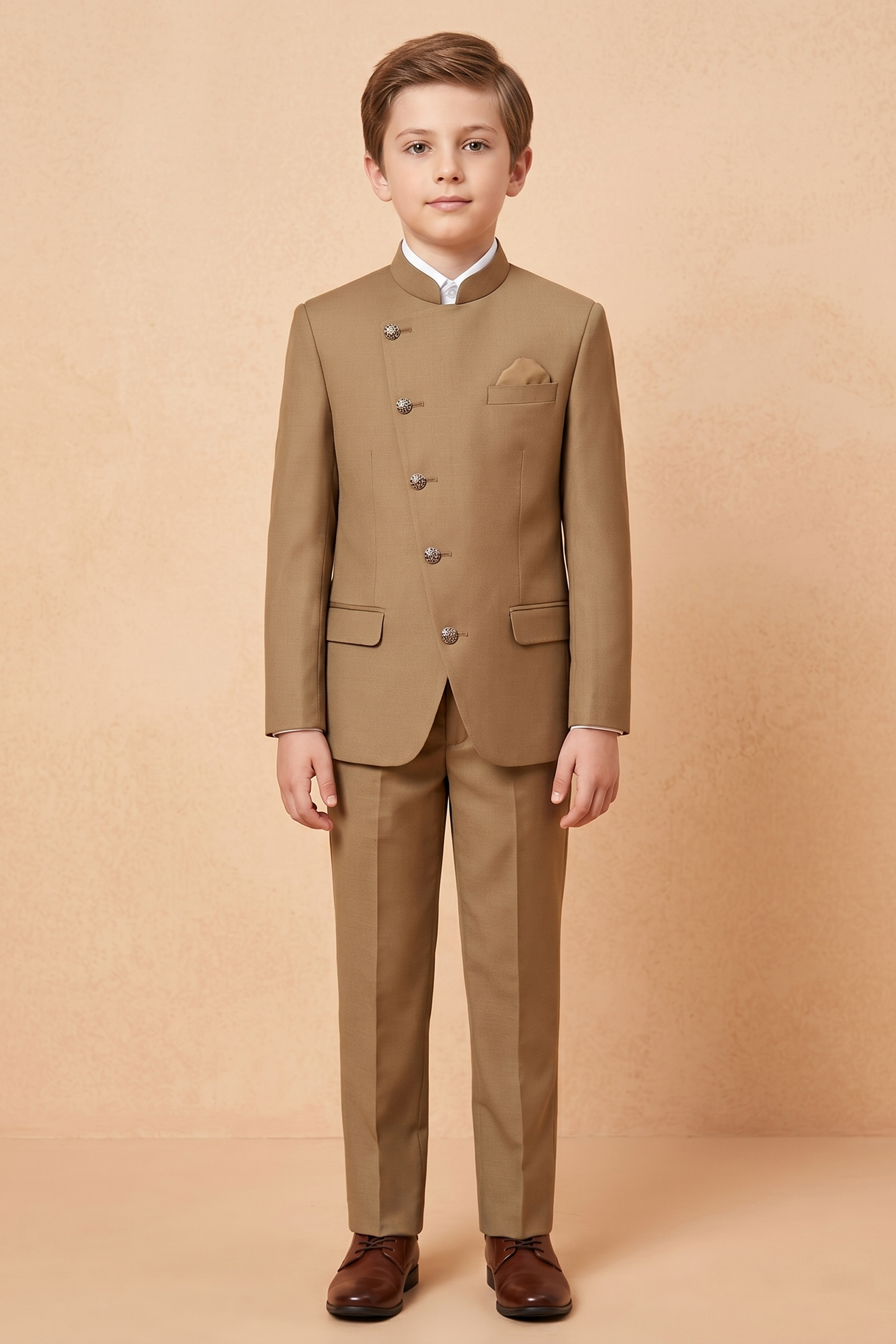 Light Brown Cotton Linen Crew Neck 2-Piece Suit