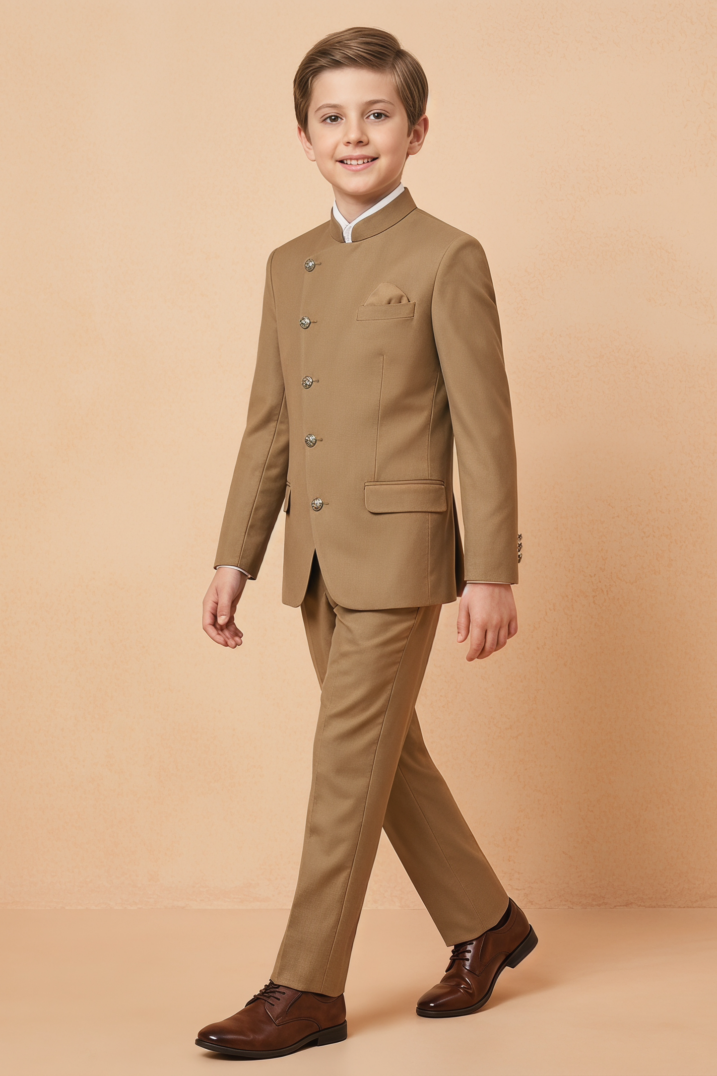 Light Brown Cotton Linen Crew Neck 2-Piece Suit