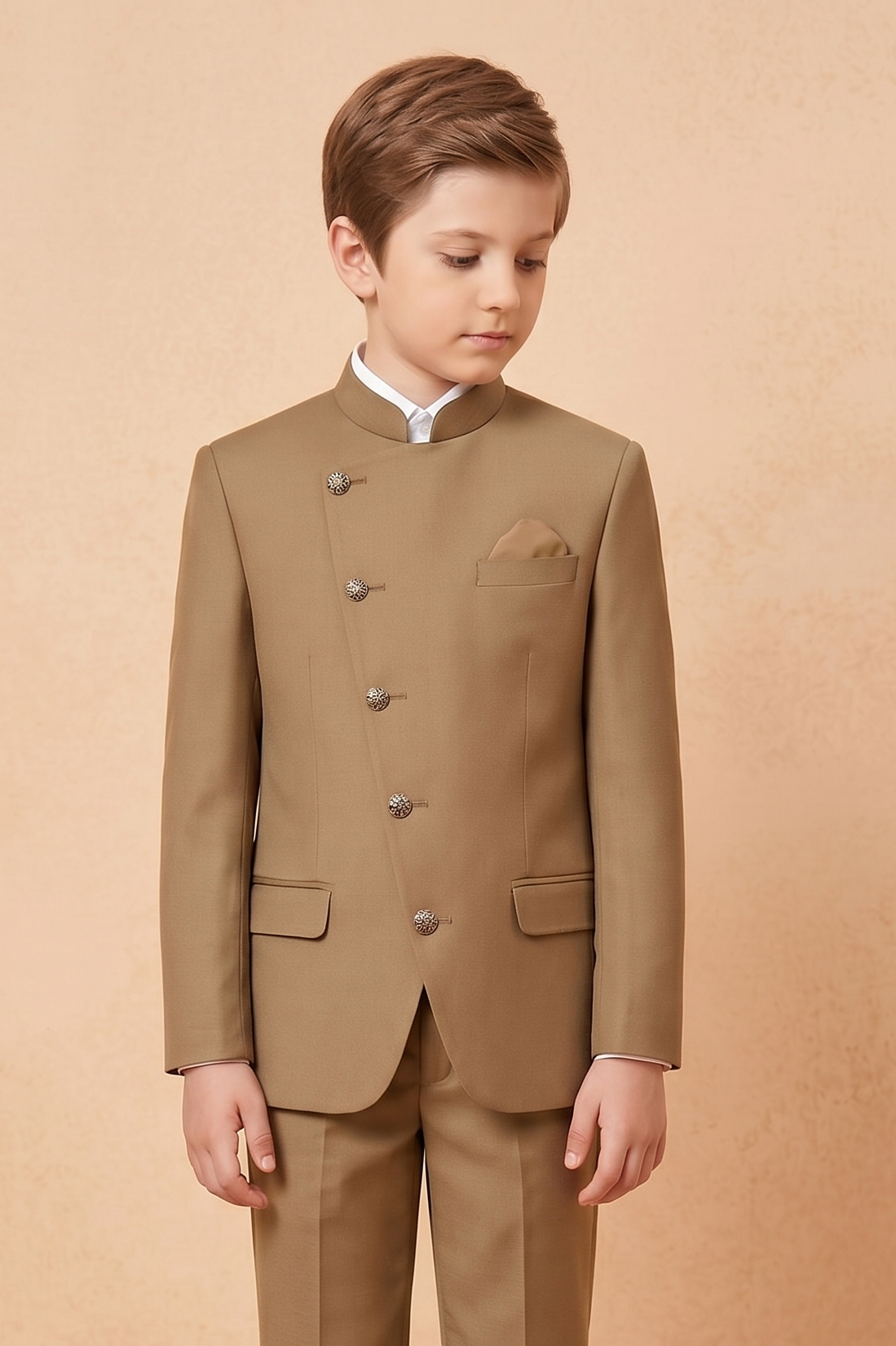 Light Brown Cotton Linen Crew Neck 2-Piece Suit