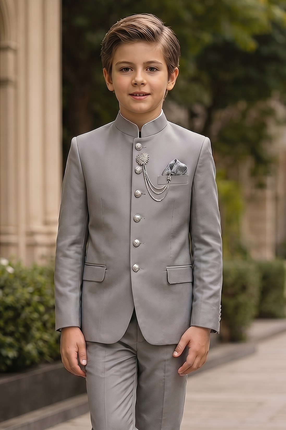 Gray Crew Neck Serge Single-Breasted 2-Piece Suit