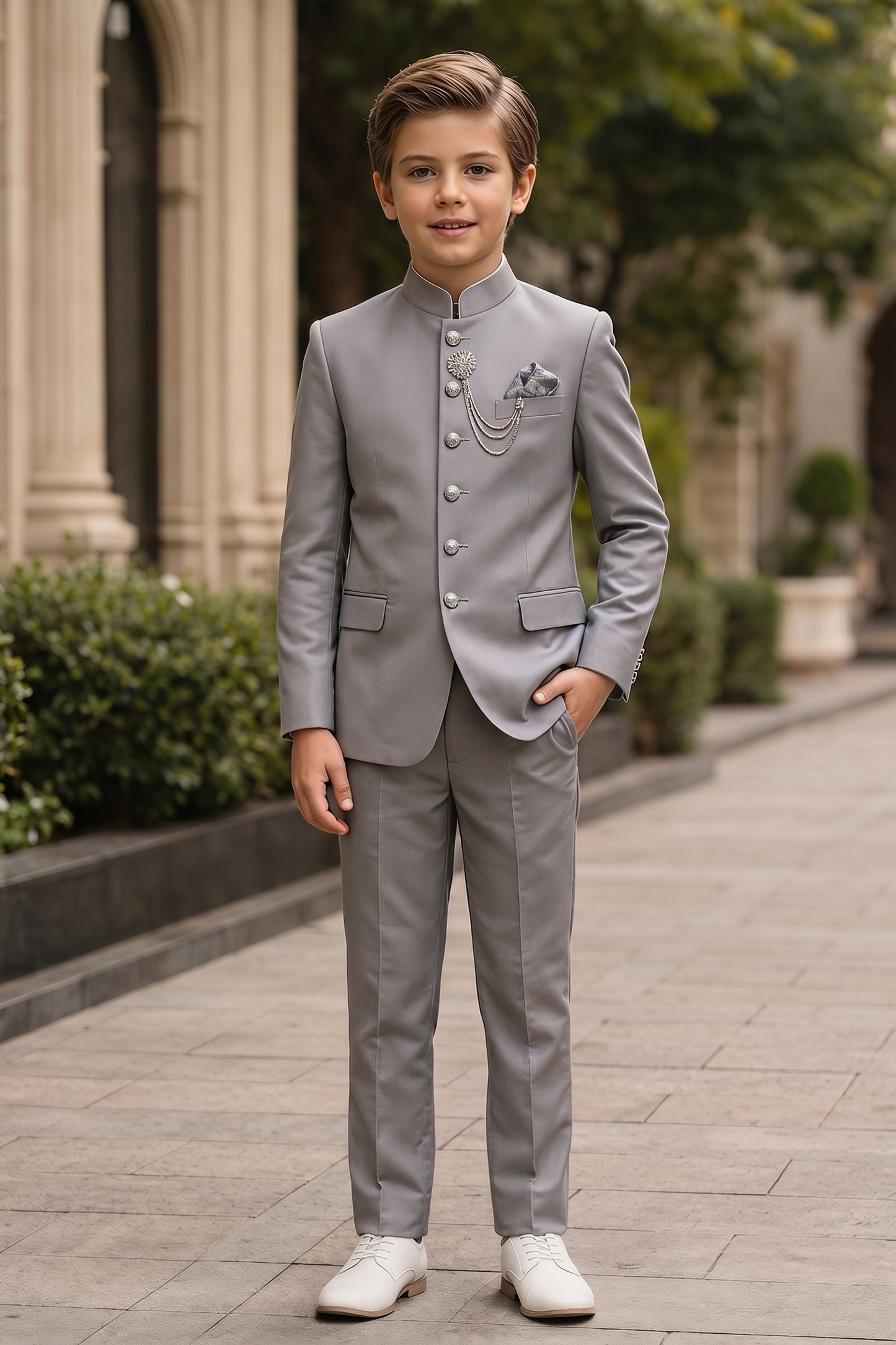 Gray Crew Neck Serge Single-Breasted 2-Piece Suit