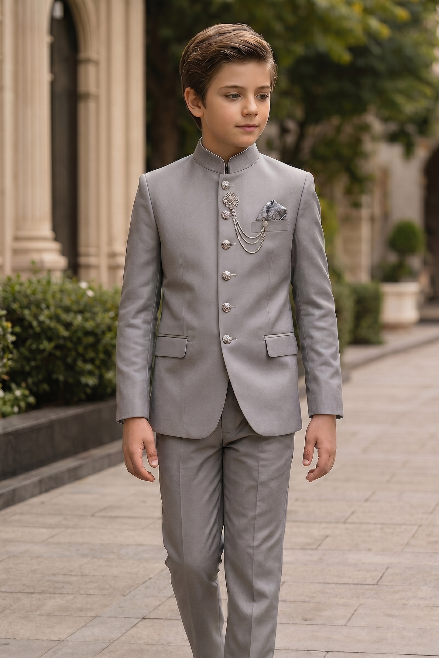 Gray Crew Neck Serge Single-Breasted 2-Piece Suit