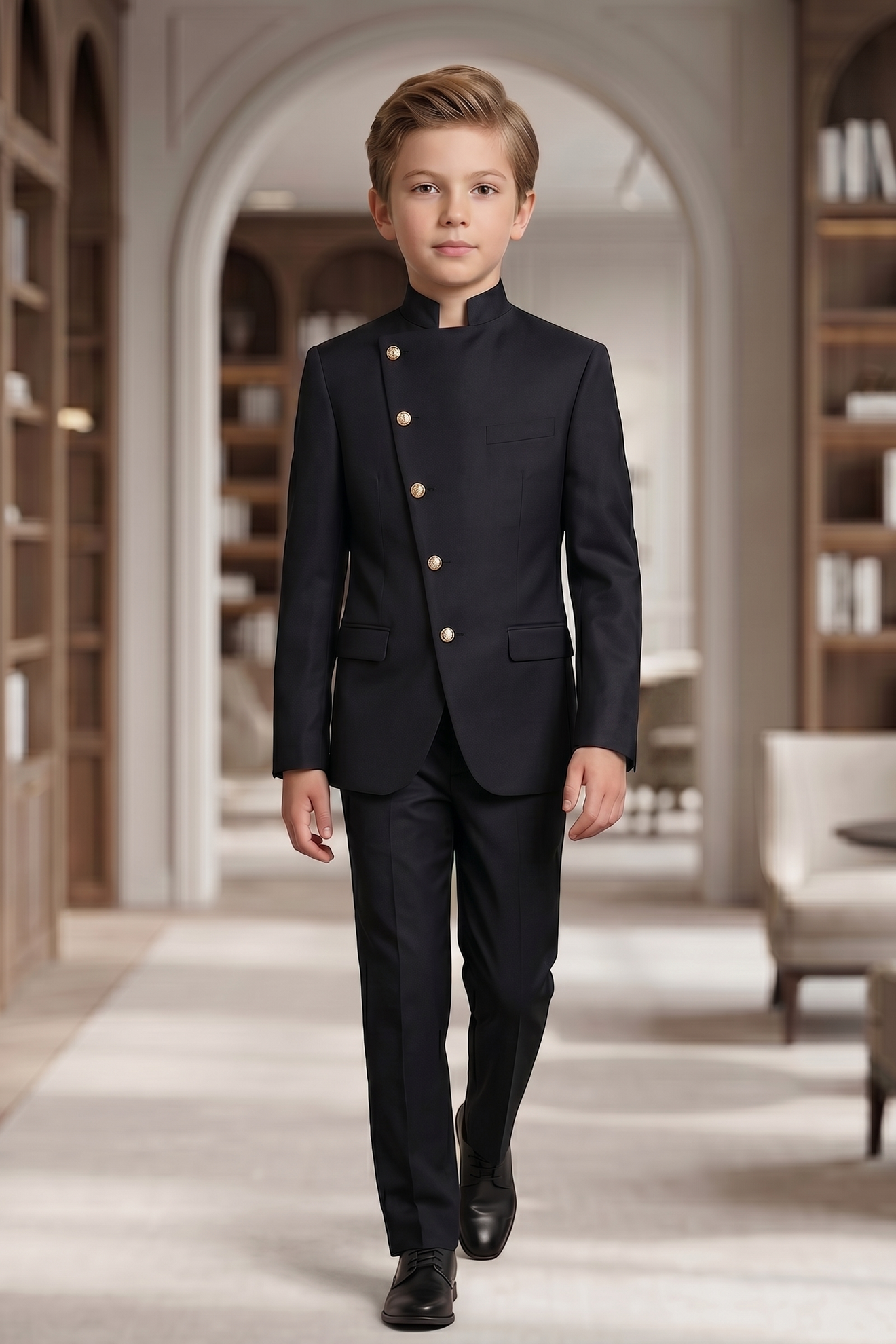 Black Cotton Linen Asymmetrical Placket 2-Piece Suit