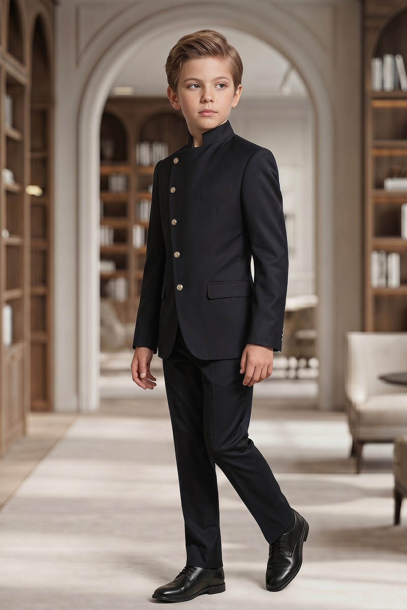 Black Cotton Linen Asymmetrical Placket 2-Piece Suit
