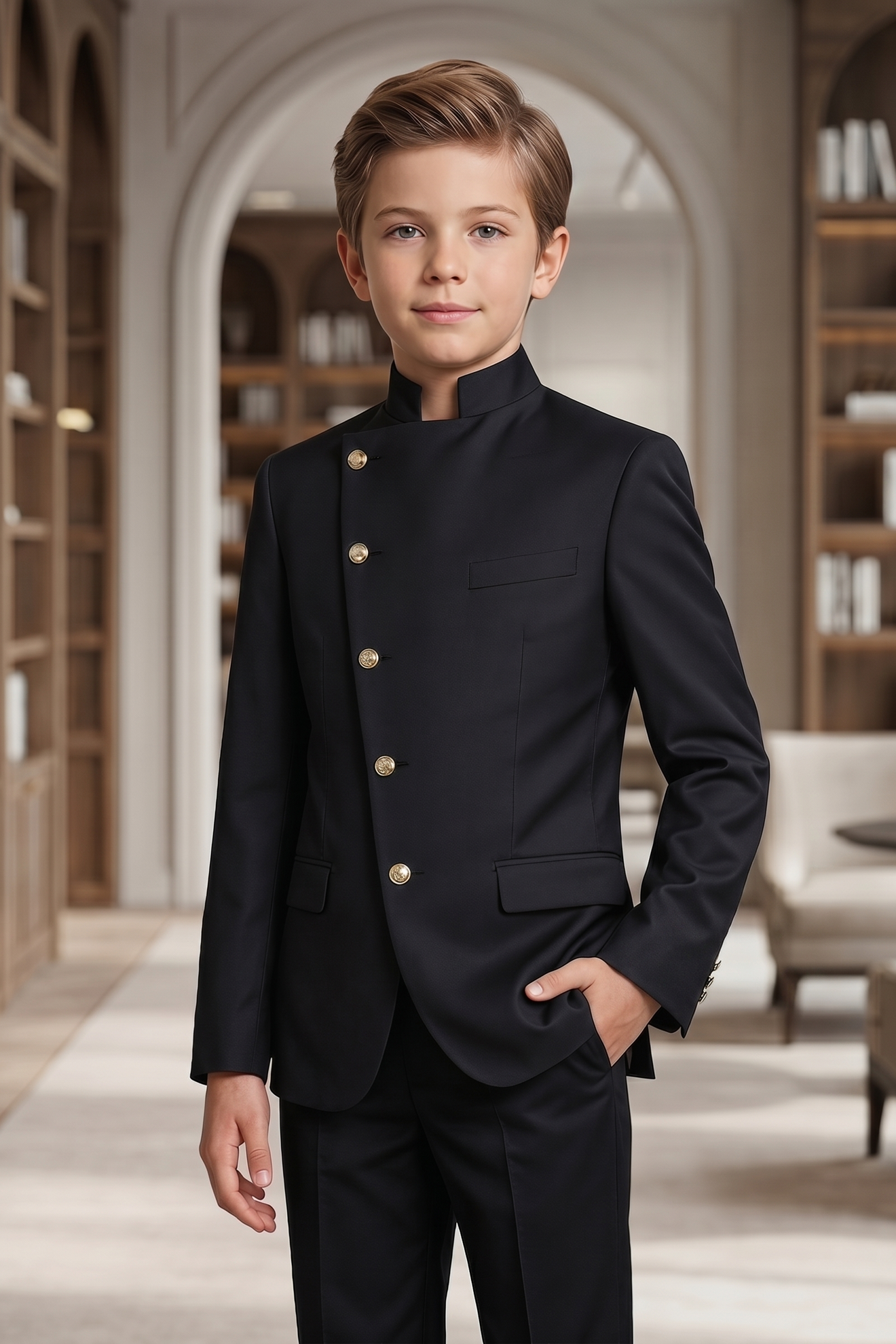 Black Cotton Linen Asymmetrical Placket 2-Piece Suit