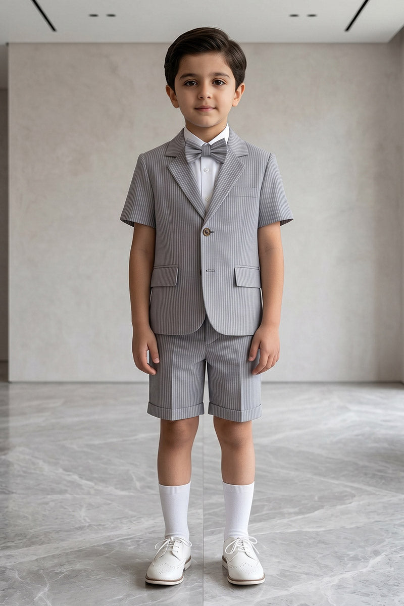 Boys Grey Striped Short-Sleeve Blazer & Shorts 2-piece Suit