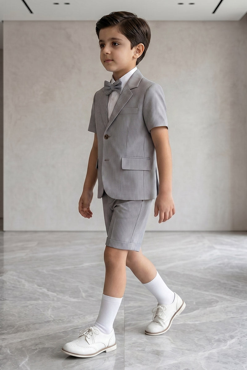 Boys Grey Striped Short-Sleeve Blazer & Shorts 2-piece Suit