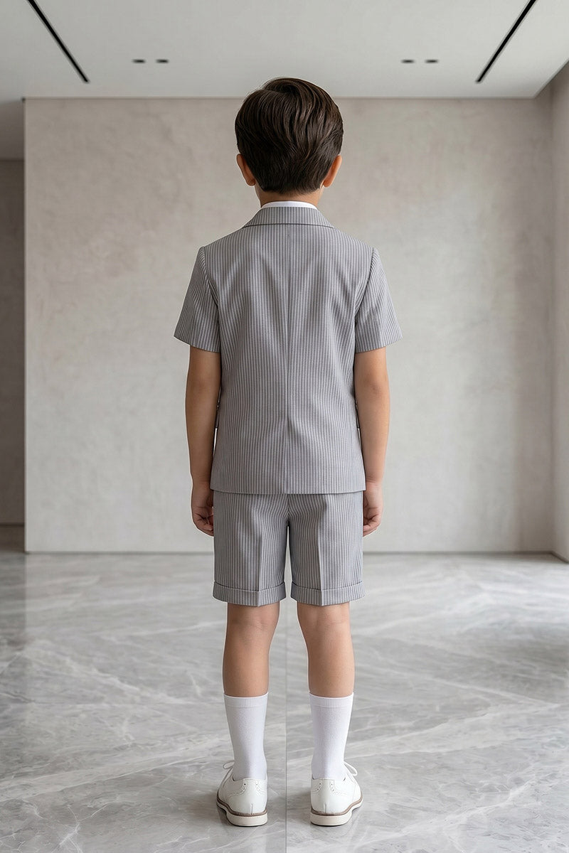 Boys Grey Striped Short-Sleeve Blazer & Shorts 2-piece Suit