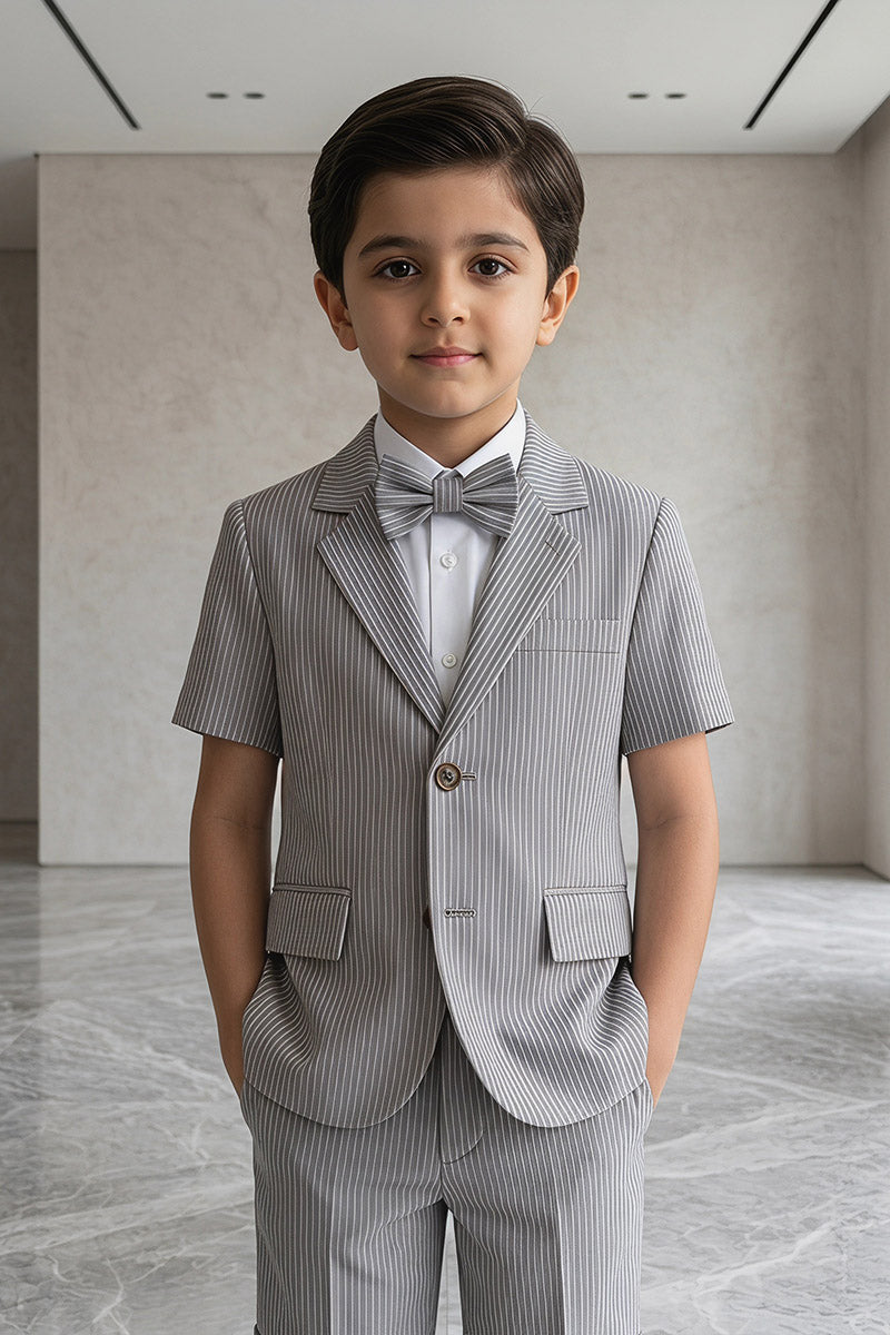 Boys Grey Striped Short-Sleeve Blazer & Shorts 2-piece Suit