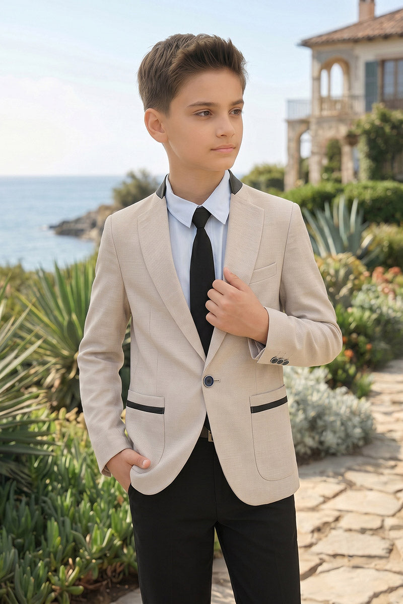 Boys Beige Blazer with Black Trousers 2-Piece Suit