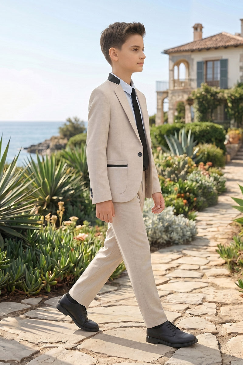 Boys Beige Blazer with Black Trousers 2-Piece Suit