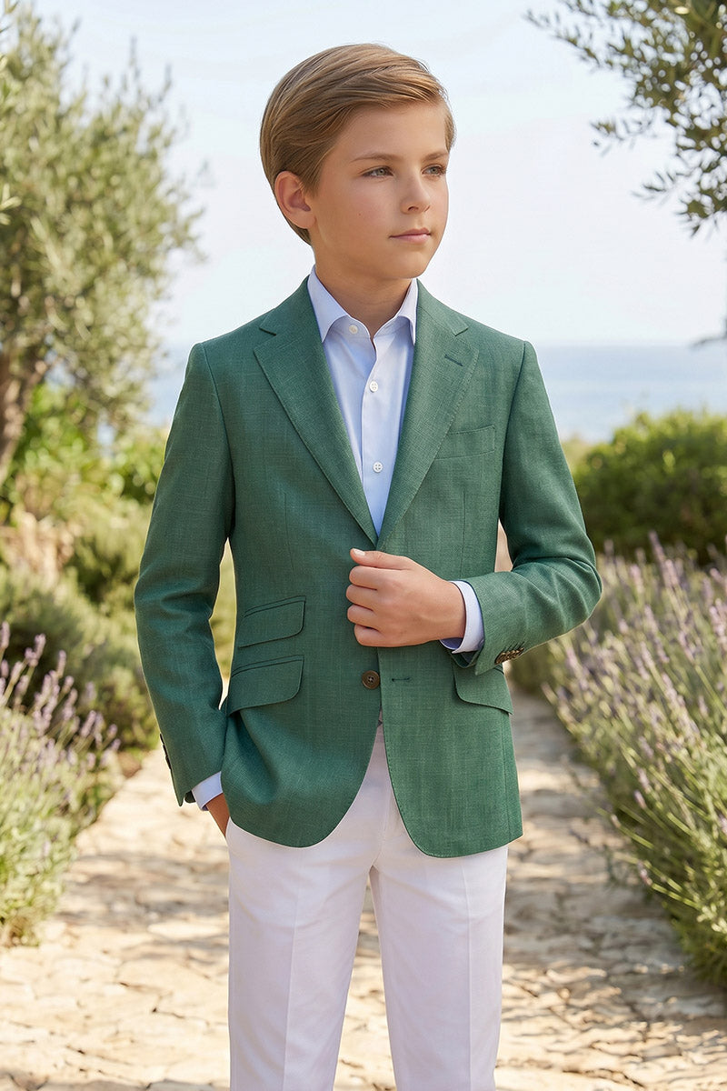 Boys Green Linen-Blend Blazer with White Trousers 2-Piece Suit