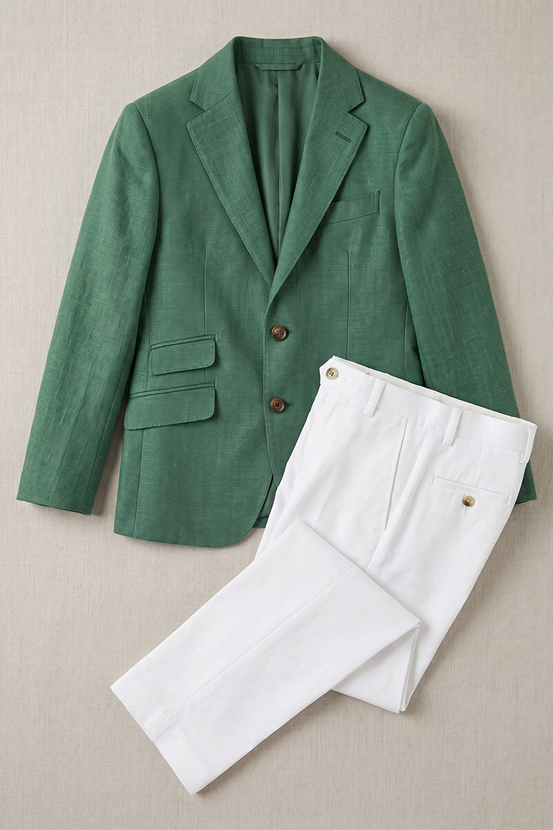 Boys Green Linen-Blend Blazer with White Trousers 2-Piece Suit