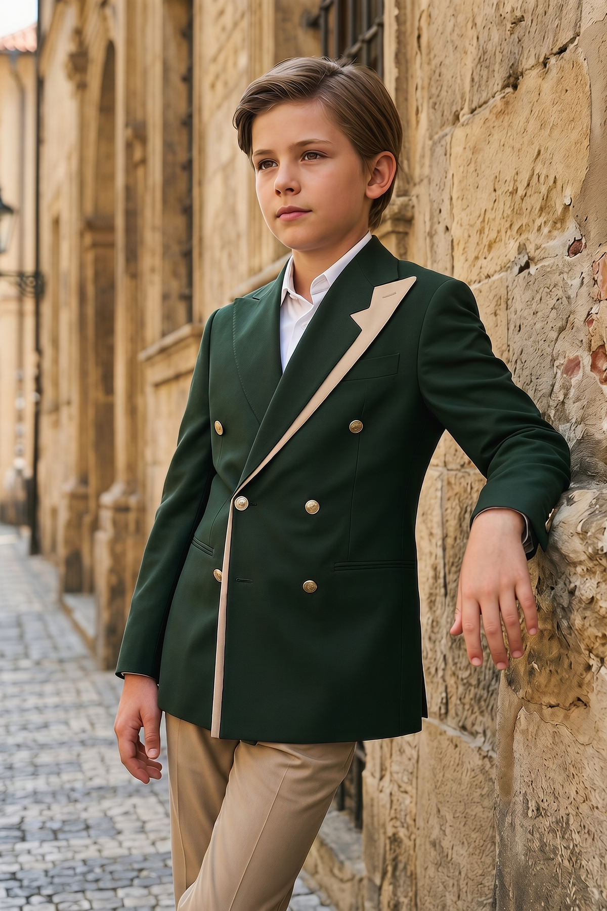 Dark Green Serif Color-Blocked Double-Breasted 2-Piece Suit