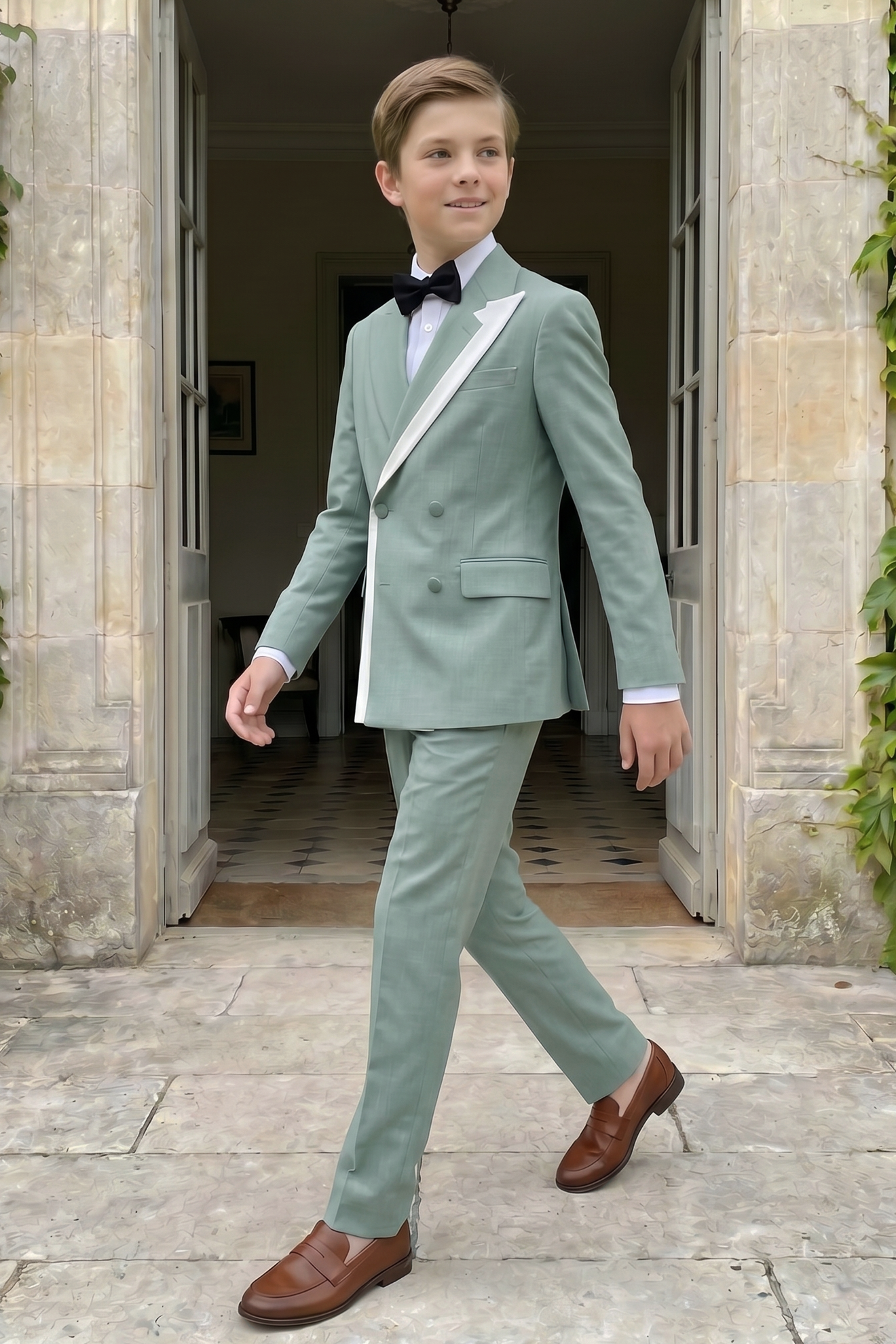 Light Green Serif Color-Blocked Double-Breasted 2-Piece Suit