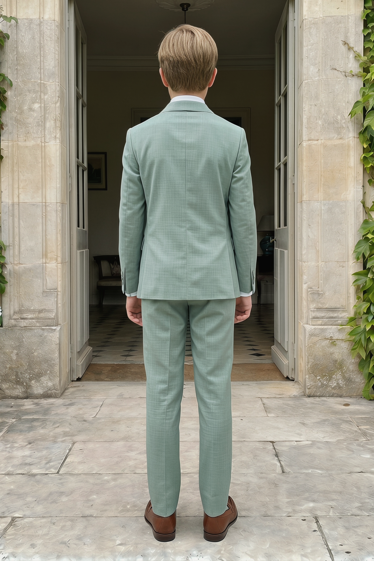 Light Green Serif Color-Blocked Double-Breasted 2-Piece Suit