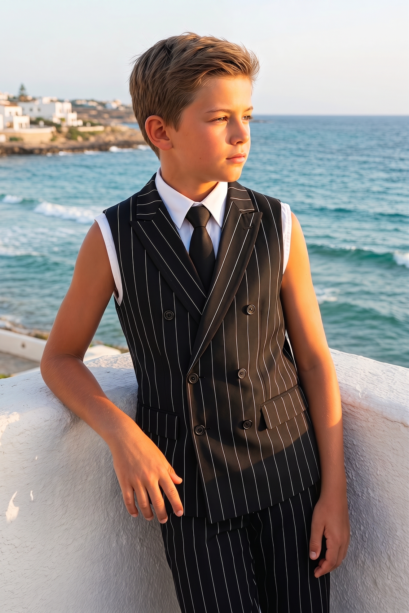 Black Striped Serif Double-Breasted Vest 2-Piece Set