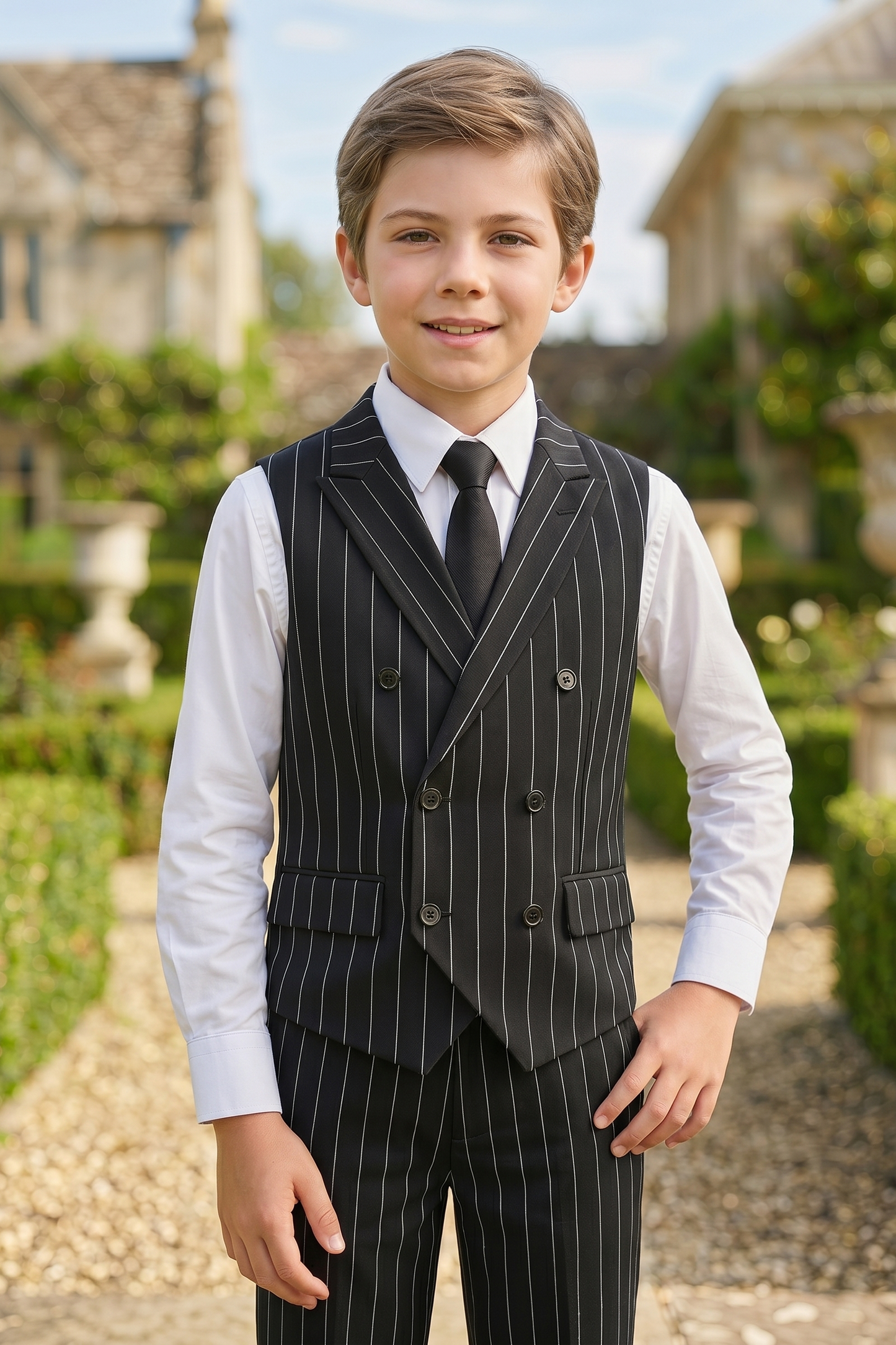 Black Striped Serif Double-Breasted Vest 2-Piece Set