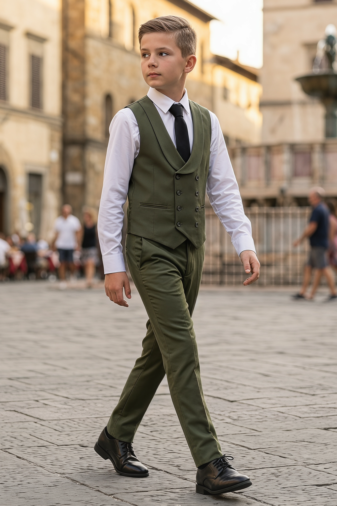 Olive Green Serge Double-Breasted Vest 2-Piece Set