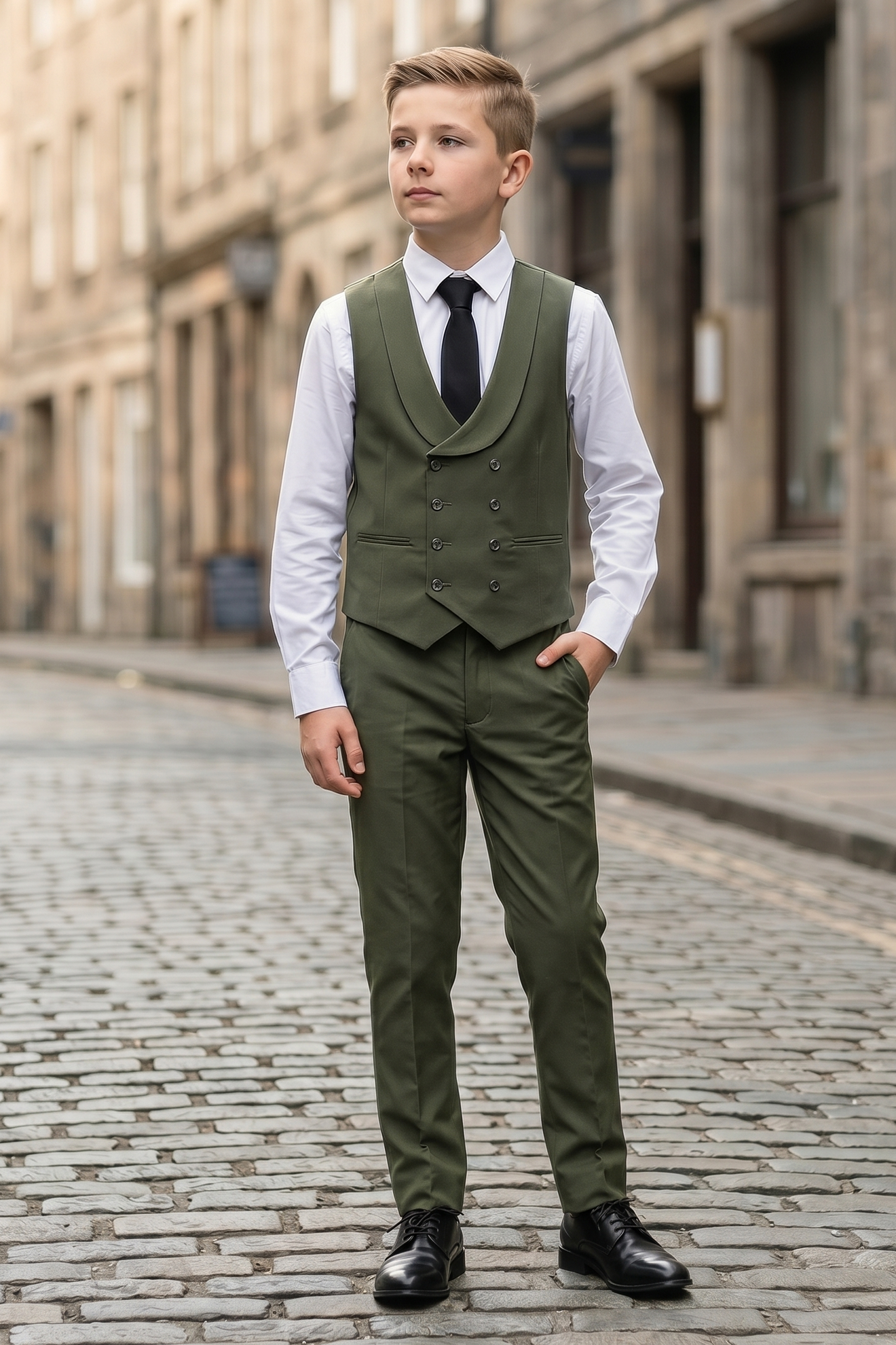 Olive Green Serge Double-Breasted Vest 2-Piece Set