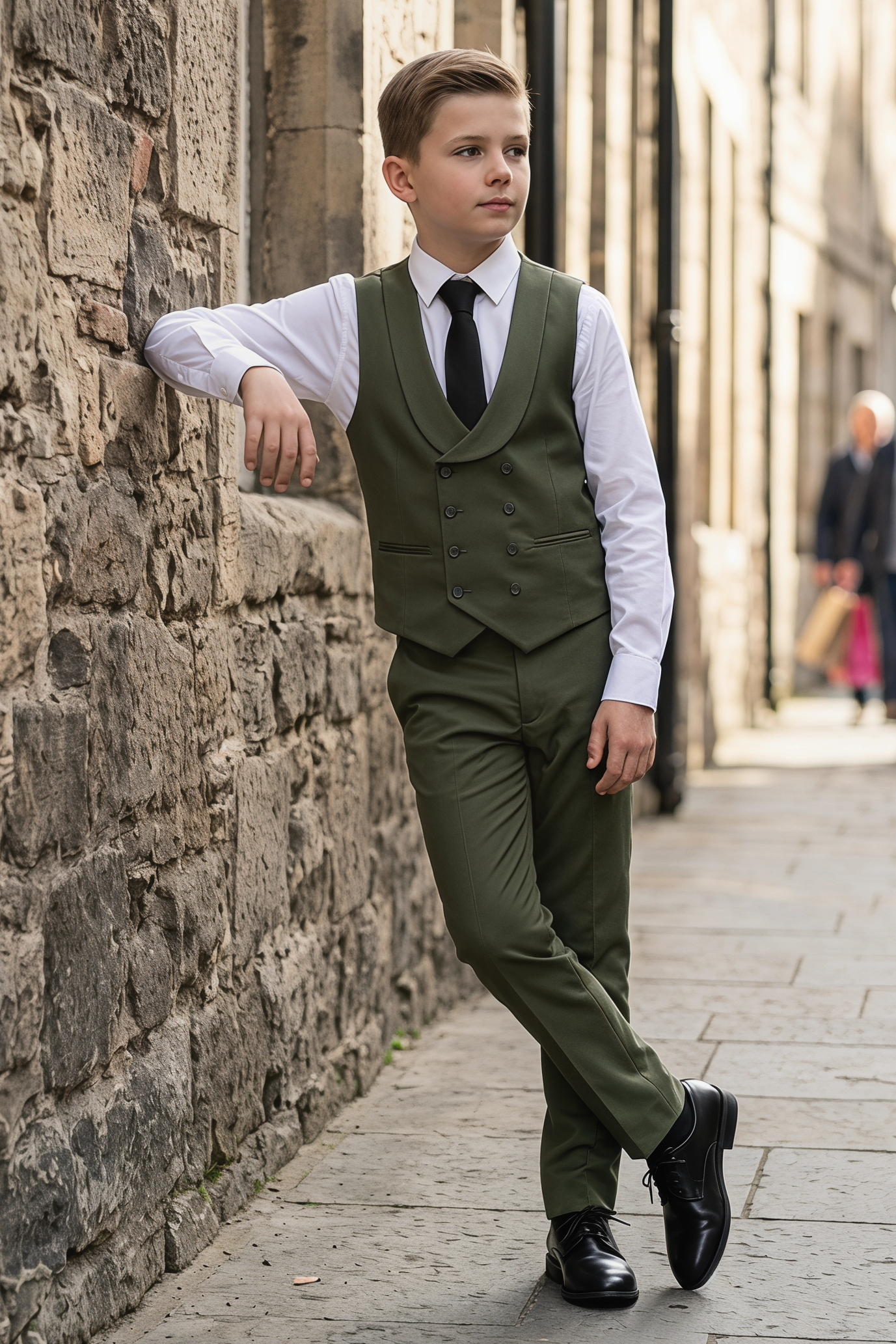 Olive Green Serge Double-Breasted Vest 2-Piece Set