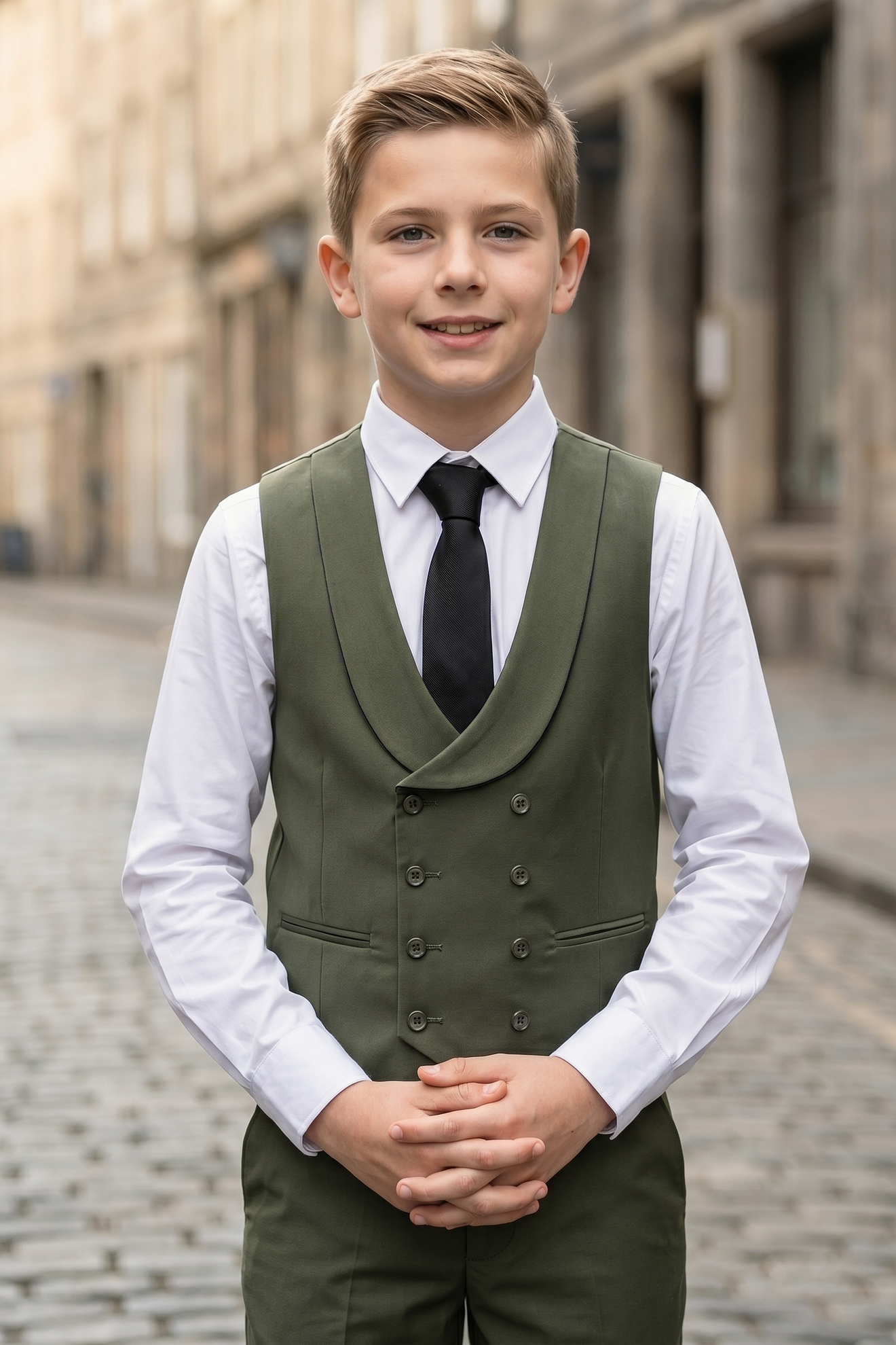 Olive Green Serge Double-Breasted Vest 2-Piece Set