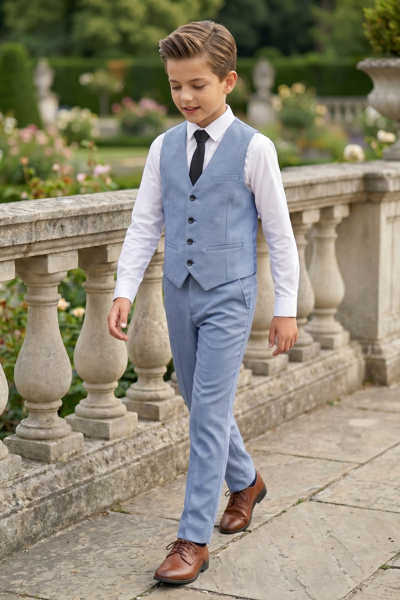 Denim Blue Cotton Linen Single-Breasted Vest 2-Piece Set