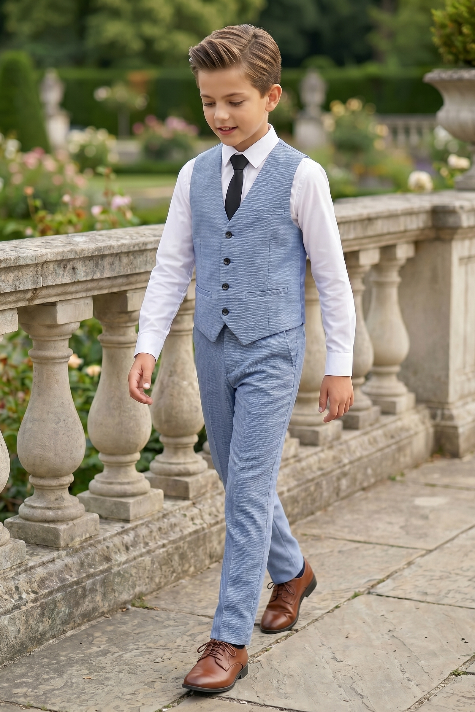 Denim Blue Cotton Linen Single-Breasted Vest 2-Piece Set