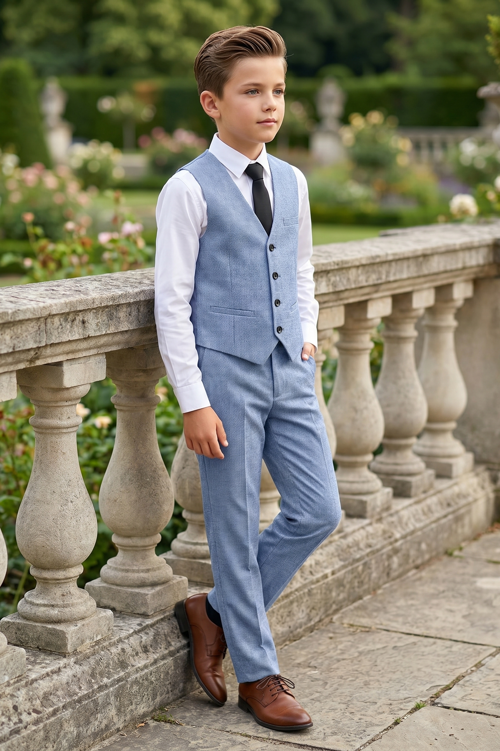 Denim Blue Cotton Linen Single-Breasted Vest 2-Piece Set