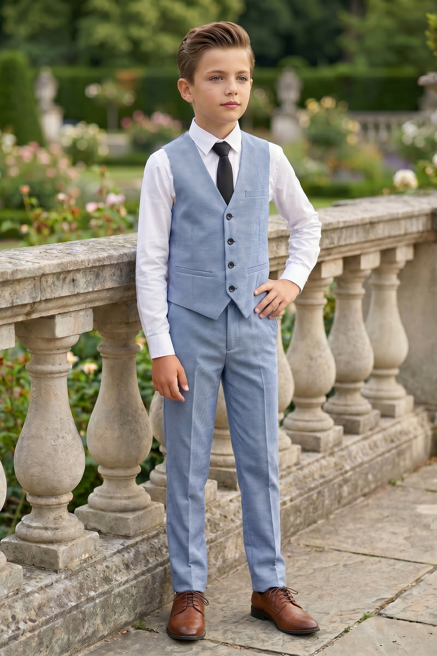 Denim Blue Cotton Linen Single-Breasted Vest 2-Piece Set