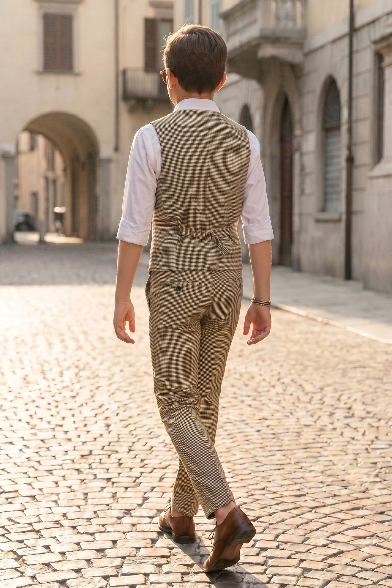 Light Brown Houndstooth Double-Breasted Vest 2-Piece Set
