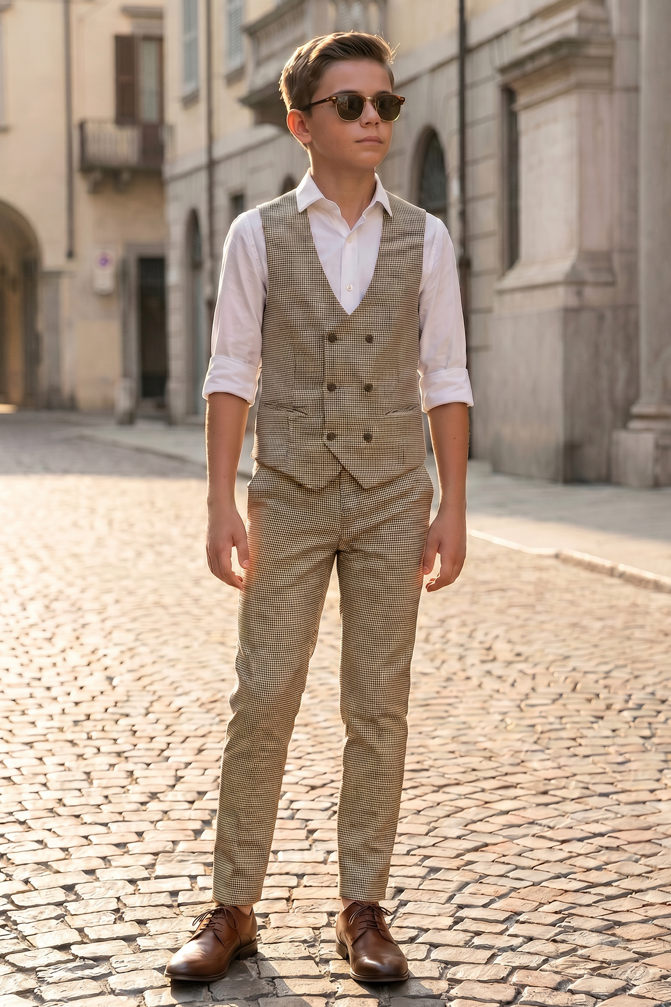 Light Brown Houndstooth Double-Breasted Vest 2-Piece Set