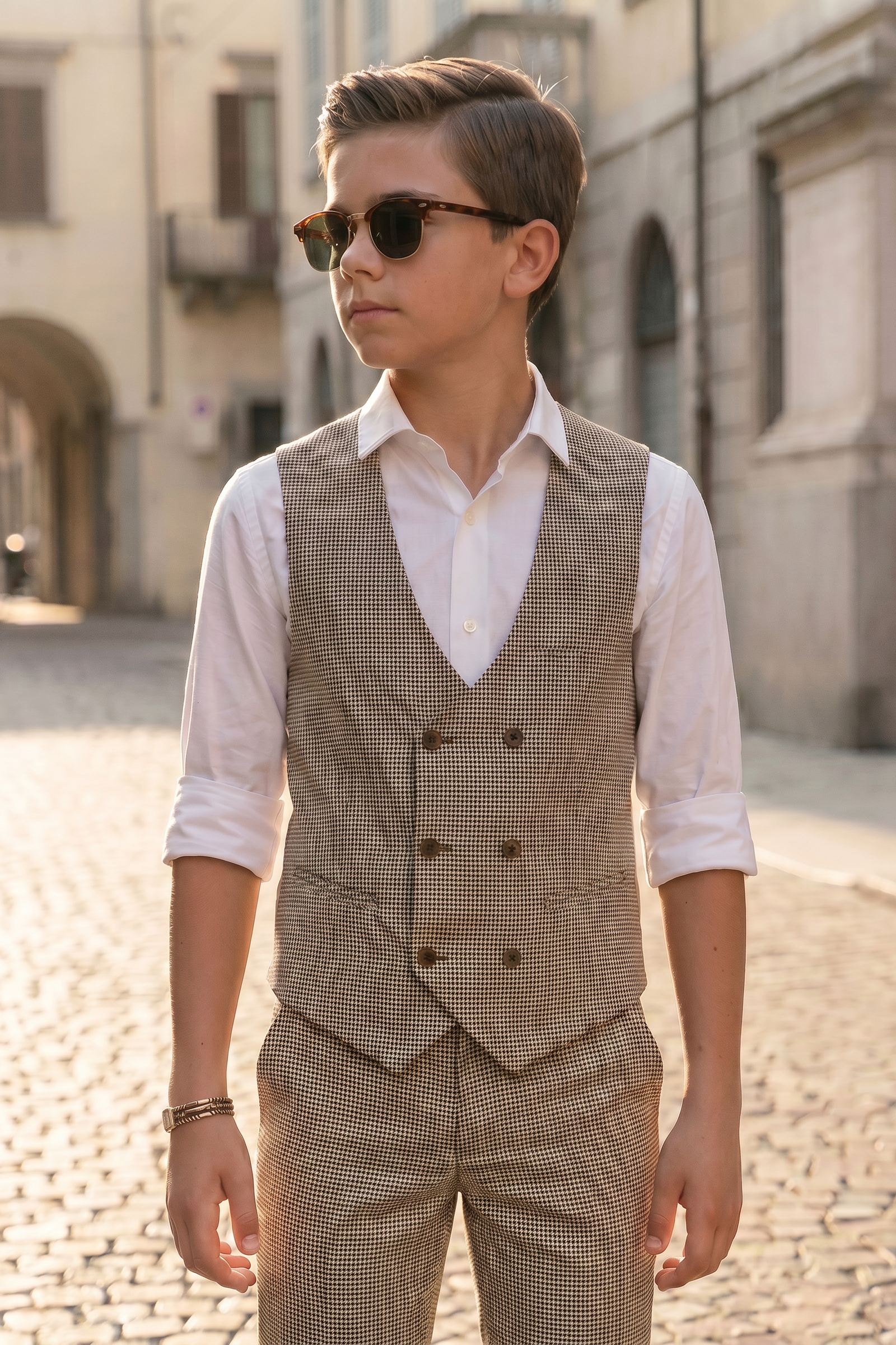 Light Brown Houndstooth Double-Breasted Vest 2-Piece Set