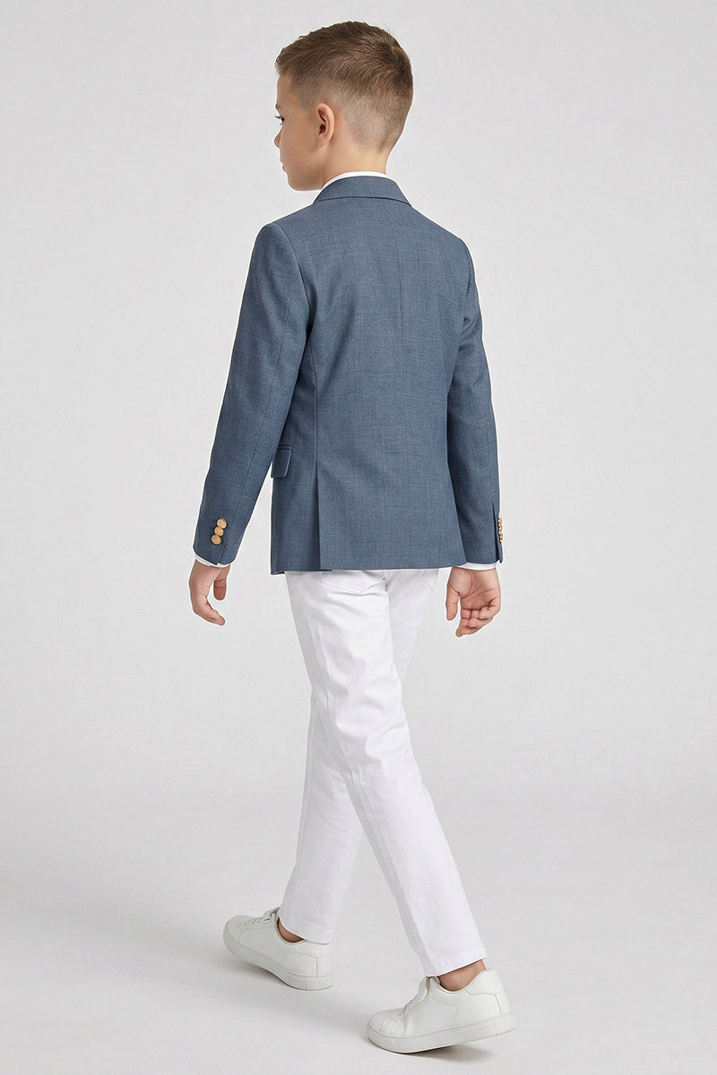 Boys Blue Double-Breasted Blazer & White Trousers 2-Piece Suit