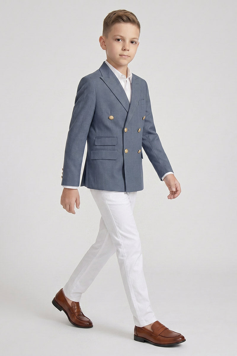 Boys Blue Double-Breasted Blazer & White Trousers 2-Piece Suit