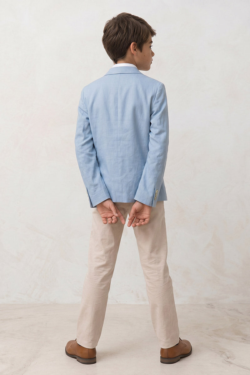Boys Light Blue Linen-Blend Blazer with Khaki Trouser 2-Piece Suit