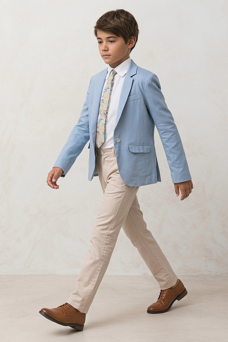 Boys Light Blue Linen-Blend Blazer with Khaki Trouser 2-Piece Suit