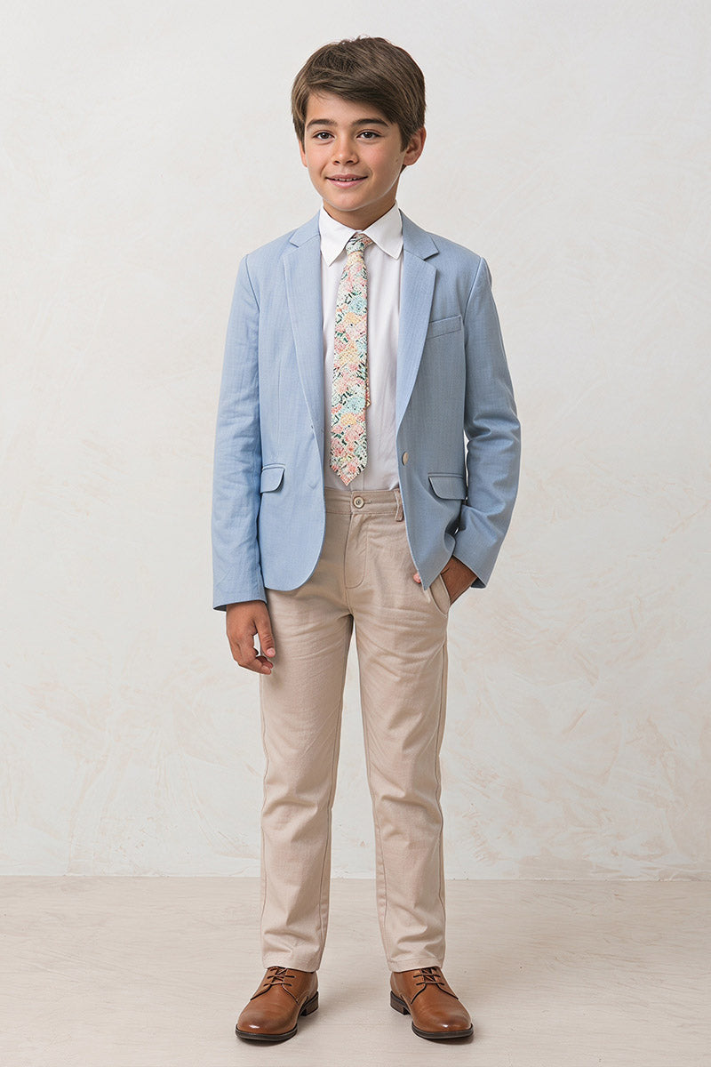 Boys Light Blue Linen-Blend Blazer with Khaki Trouser 2-Piece Suit
