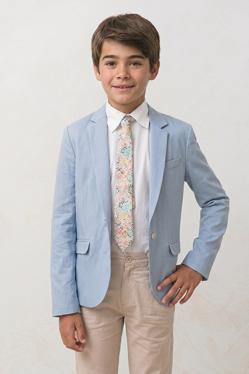 Boys Light Blue Linen-Blend Blazer with Khaki Trouser 2-Piece Suit