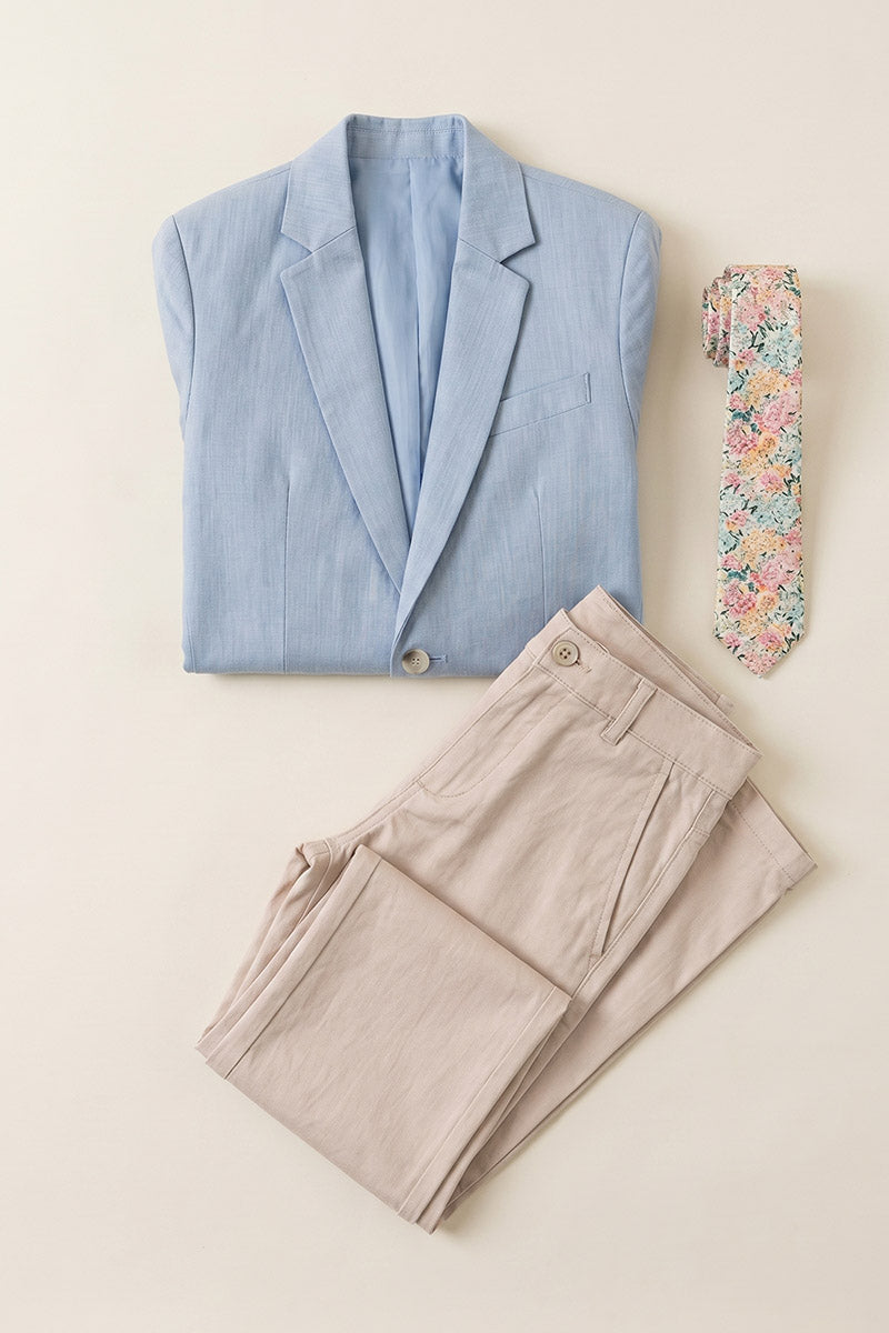 Boys Light Blue Linen-Blend Blazer with Khaki Trouser 2-Piece Suit